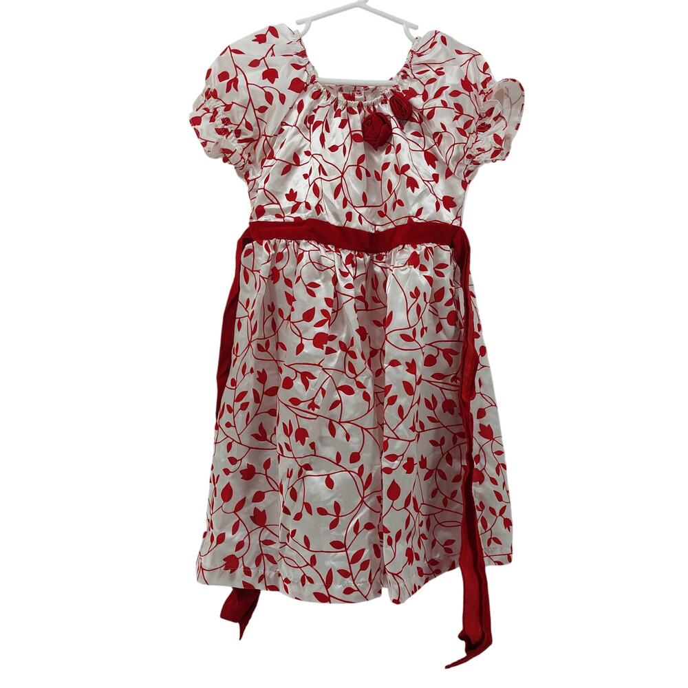 Park Bench Kids 4T Girls White Red Flocked Print Dress Bow